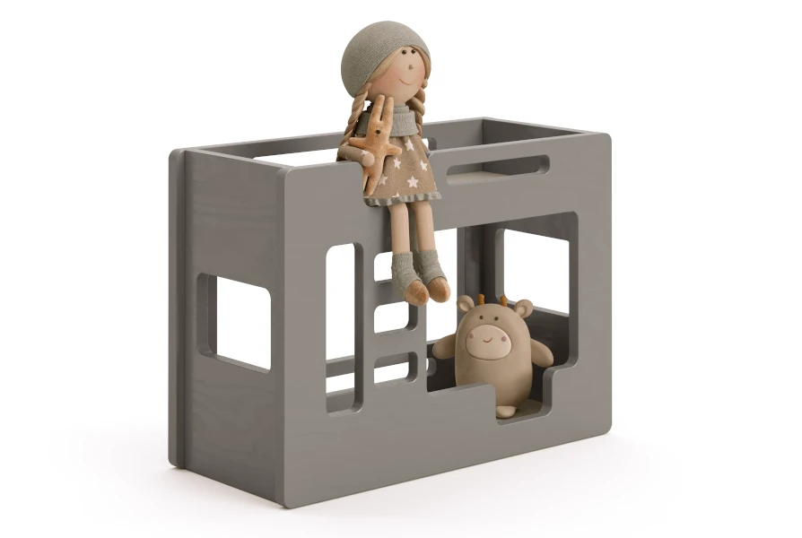 Drewniane łóżko piętrowe dla lalek wykonane ze sklejki sosnowej w kolorze szarym